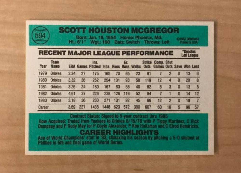 SCOTT MCGREGOR BALTIMORE ORIOLES SIGNED AUTOGRAPHED 1984 DONRUSS CARD #594 W/COA