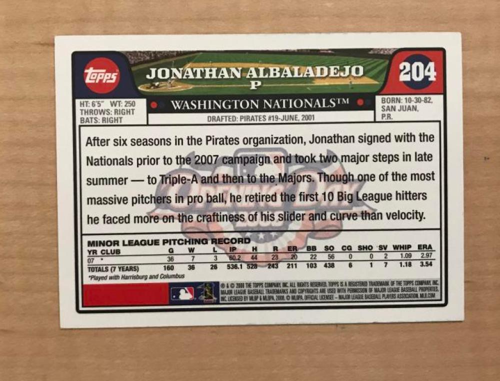 JONATHAN ALBALADEJO WASHINGTON NATIONALS SIGNED 2008 TOPPS CARD #204 W/COA