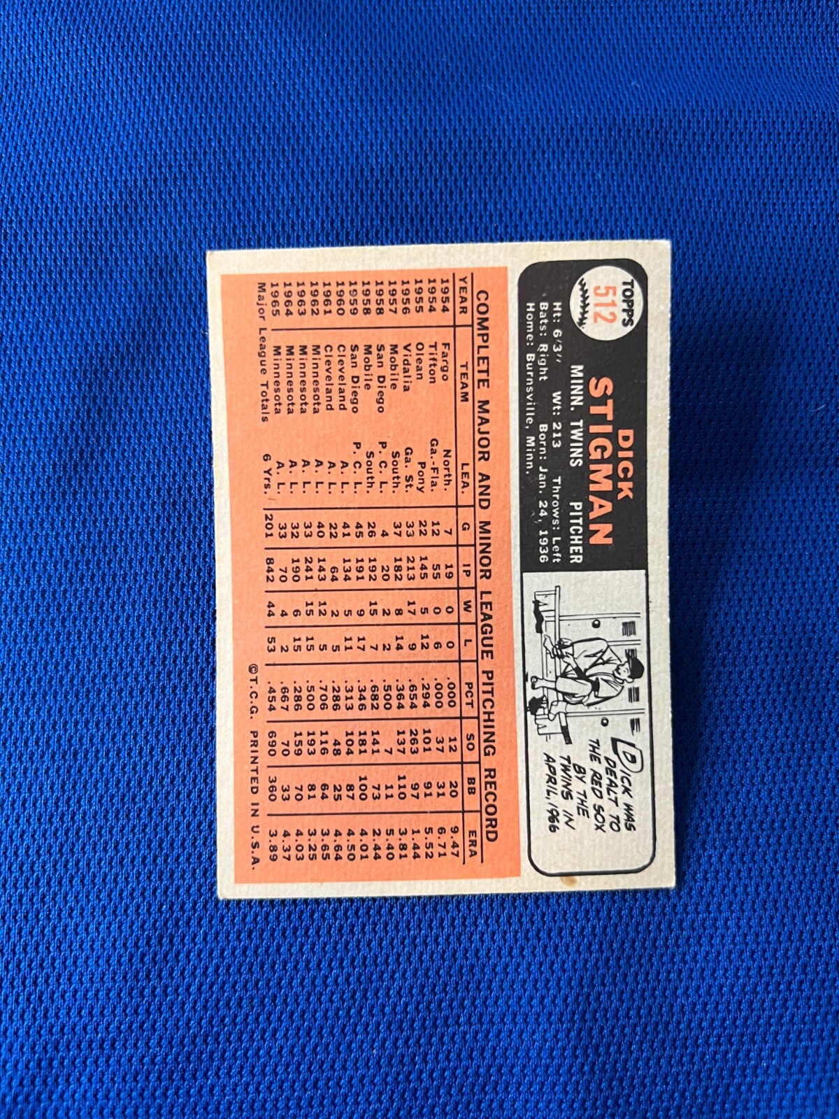 VINTAGE 1966 TOPPS DICK STIGMAN BOSTON RED SOX CARD #512 **
