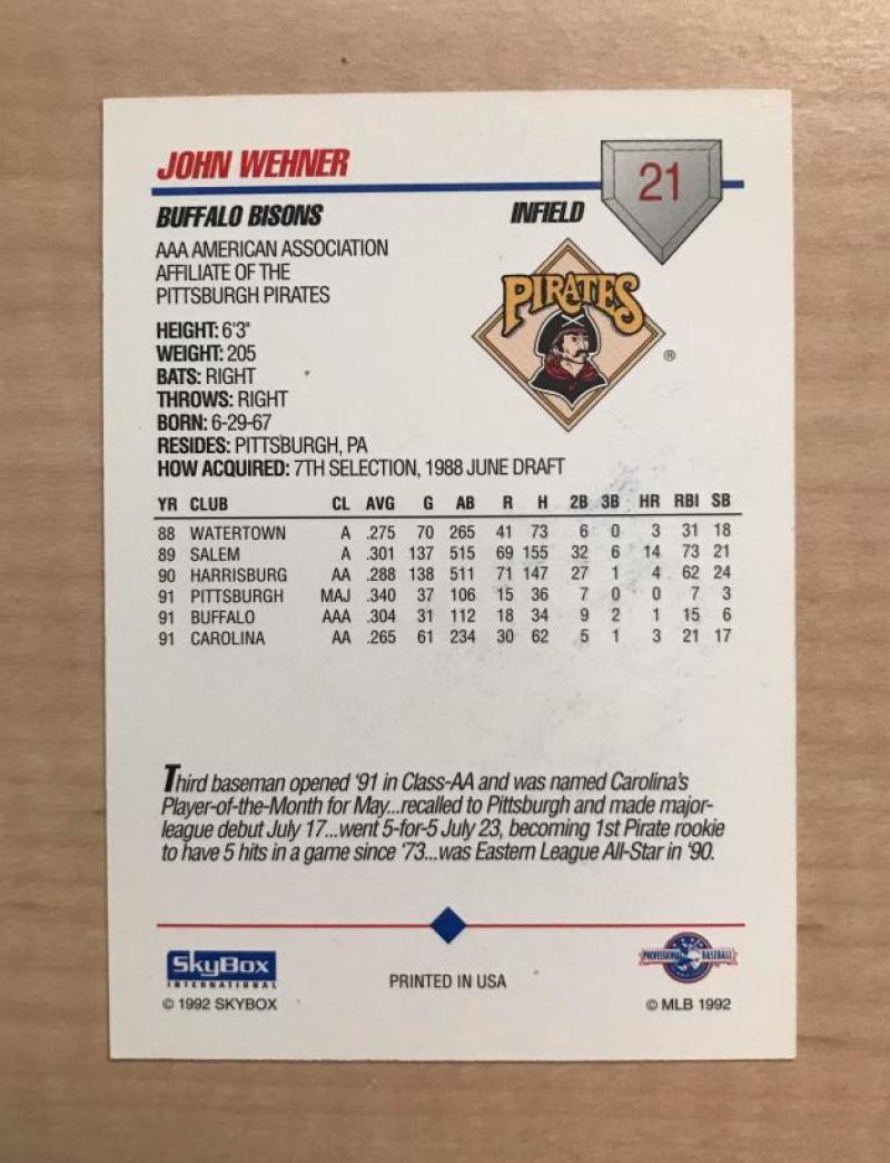JOHN WEHNER BUFFALO BISONS SIGNED AUTOGRAPHED 1992 SKYBOX CARD #21 W/COA