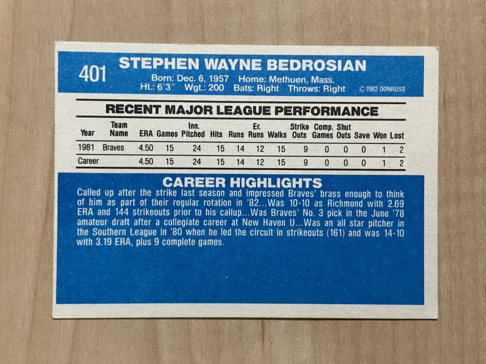 STEVE BEDROSIAN ATLANTA BRAVES SIGNED AUTOGRAPHED 1982 DONRUSS CARD #401 W/COA