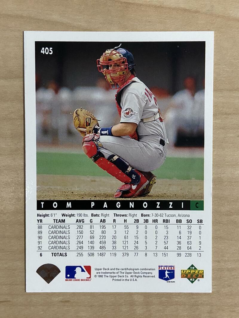 TOM PAGNOZZI ST LOUIS CARDINALS SIGNED 1993 UPPER DECK CARD #405 W/COA