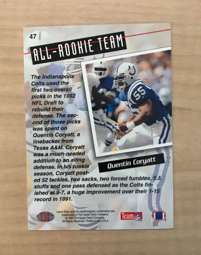 QUENTIN CORYATT INDIANAPOLIS COLTS AUTOGRAPHED 1993 UPPER DECK CARD #47 W/COA