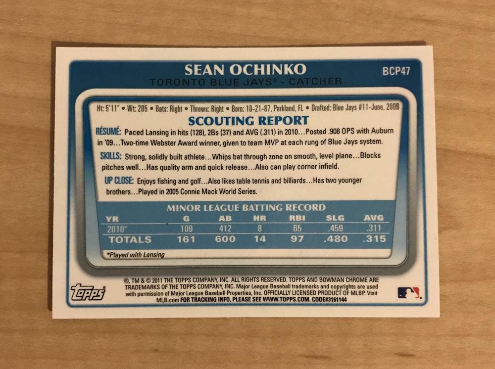 SEAN OCHINKO TORONTO BLUE JAYS SIGNED 2011 BOWMAN CHROME CARD #BCP47 W/COA