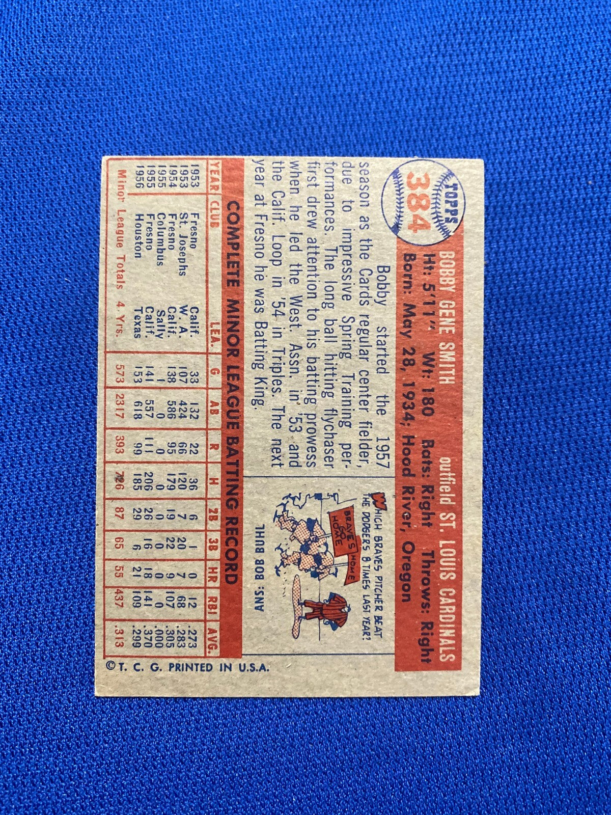 1957 TOPPS BOBBY GENE SMITH ST. LOUIS CARDINALS #384 CARD VINTAGE SET-BREAK