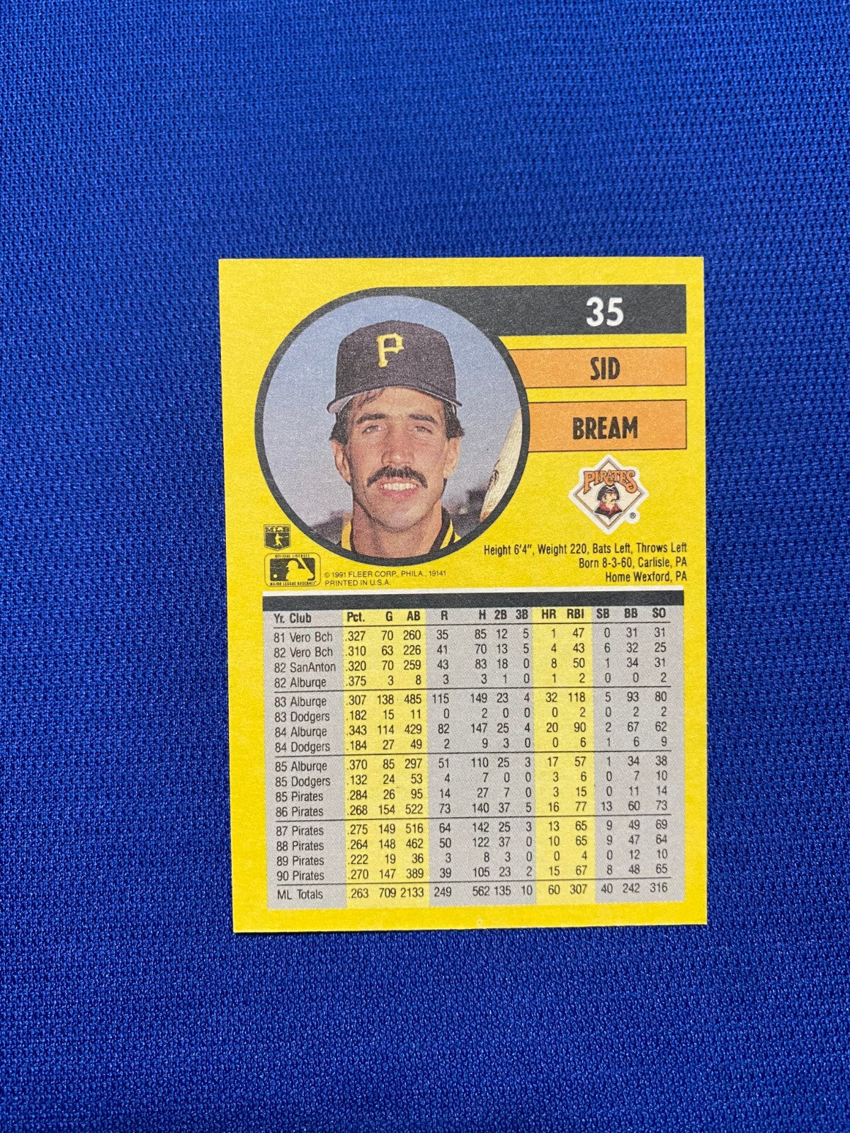 1991 FLEER SID BREAM PITTSBURGH PIRATES SIGNED AUTOGRAPHED #35 CARD W/COA