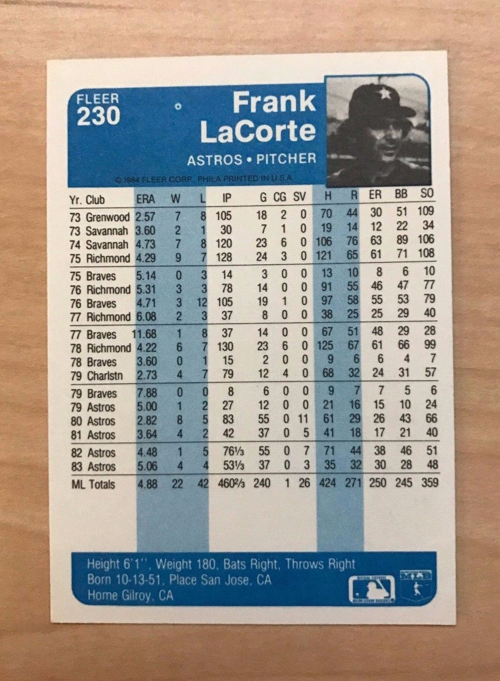 FRANK LACORTE HOUSTON ASTROS SIGNED AUTOGRAPHED 1984 FLEER #230 W/COA