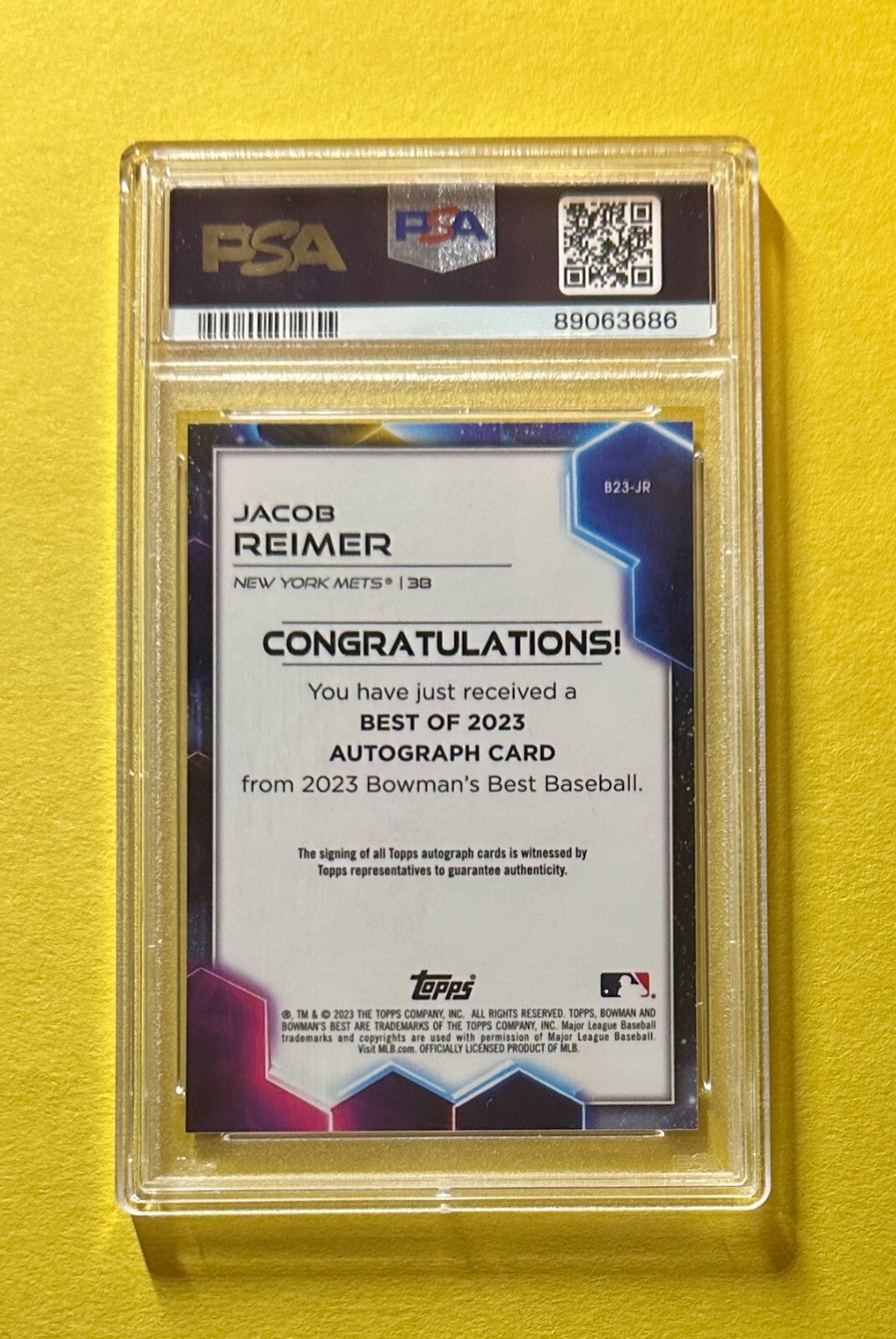 2023 BOWMAN'S BEST JACOB REIMER BEST OF 2023 AUTO #B23-JR PSA MINT 9