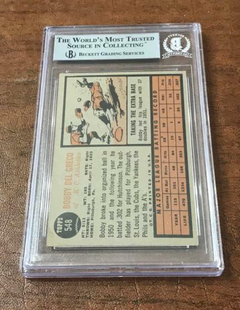 1962 TOPPS BOBBY DEL GRECO ATHLETICS SIGNED CARD BECKETT AUTHENTIC AUTOGRAPH