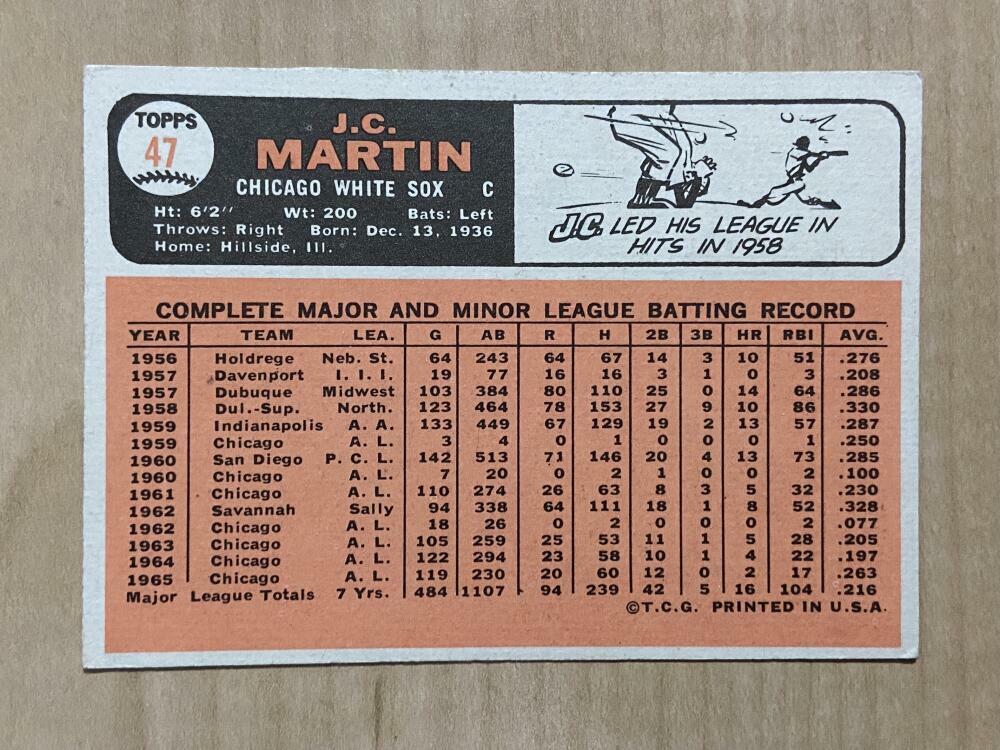J.C. MARTIN CHICAGO WHITE SOX SIGNED AUTOGRAPHED 1966 TOPPS CARD #47 W/COA