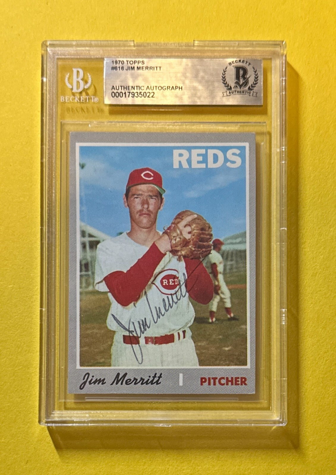 1970 TOPPS JIM MERRITT #616 BECKETT AUTHENTIC SIGNED AUTOGRAPHED CARD REDS