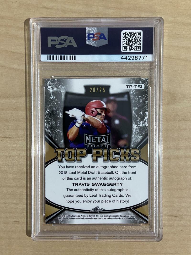 2018 LEAF METAL DRAFT TRAVIS SWAGGERTY TOP PICKS AU,-PURPLE PRISMATIC PSA 10