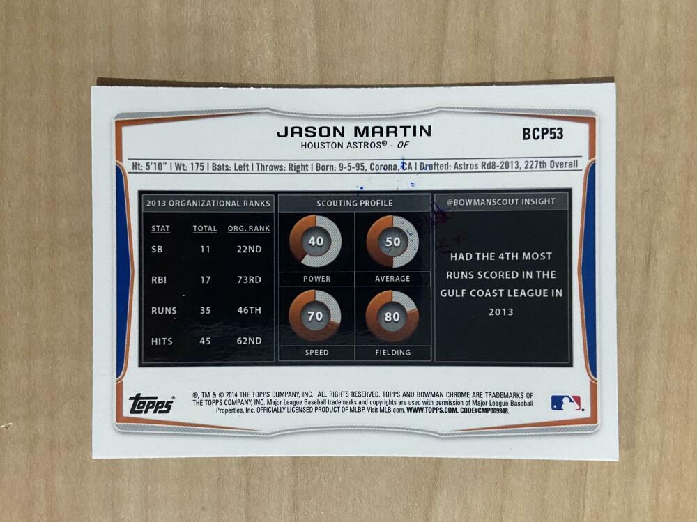 JASON MARTIN HOUSOTN ASTROS SIGNED 2014 BOWMAN CHROME CARD #BCP53 W/COA