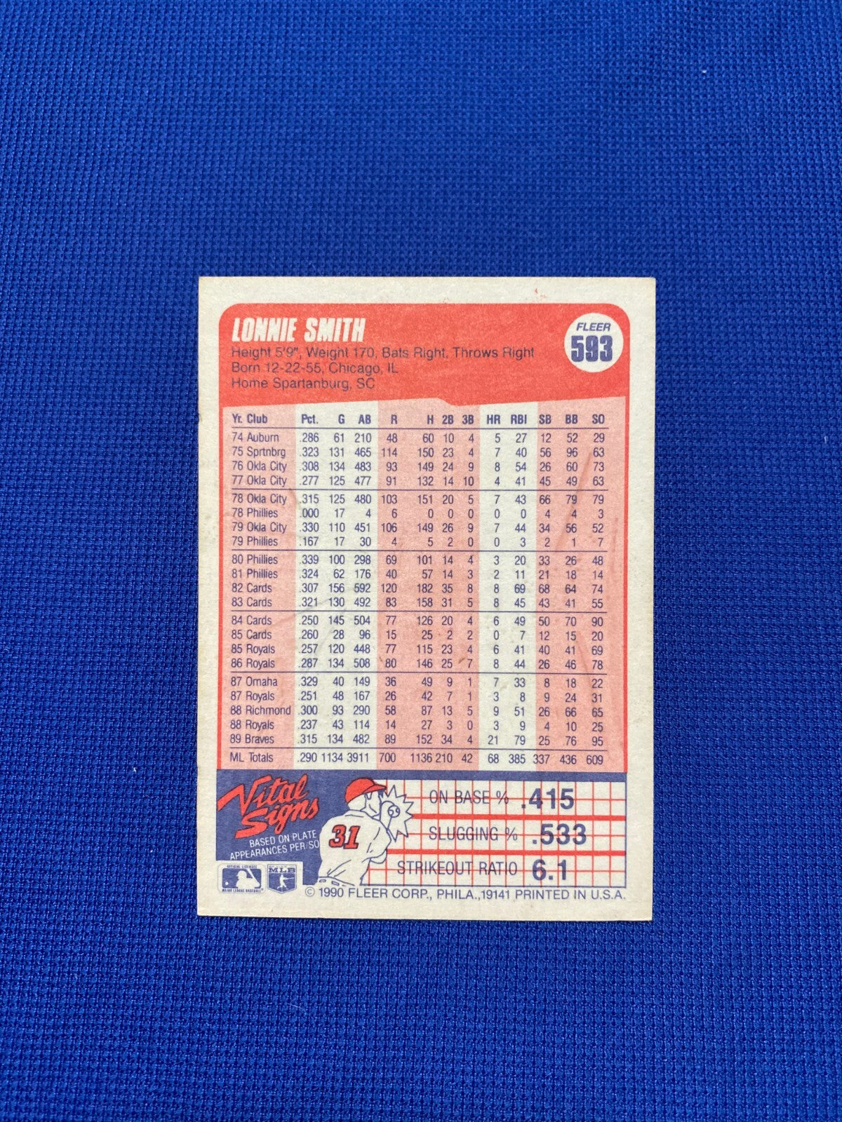 1990 FLEER LONNIE SMITH ATLANTA BRAVES SIGNED AUTOGRAPHED AUTO CARD #593 W/COA