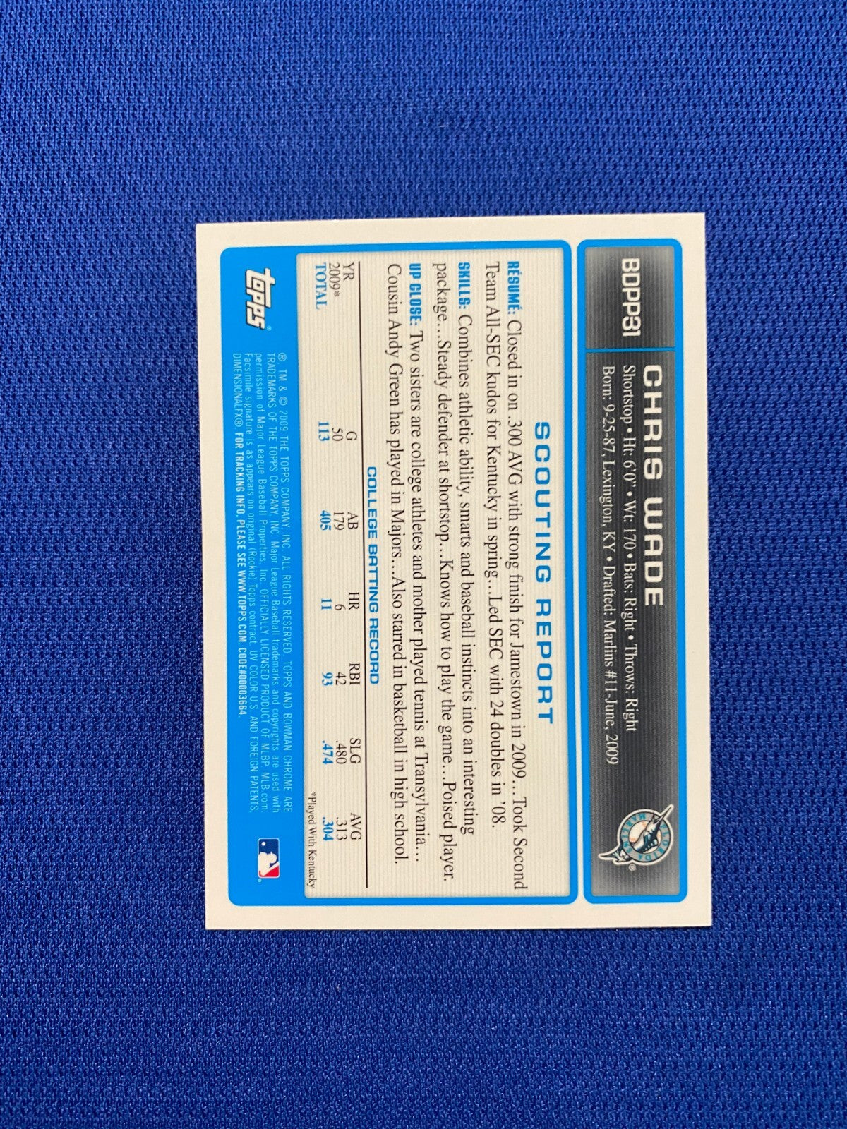 2009 BOWMAN CHROME DP CHRIS WADE FL MARLINS SIGNED AUTO RC CARD #BDPP31 W/COA