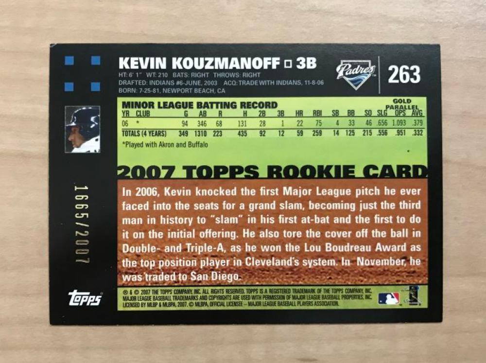 KEVIN KOUZMANOFF SAN DIEGO PADRES SIGNED AUTOGRAPHED 2007 TOPPS CARD #263 W/COA