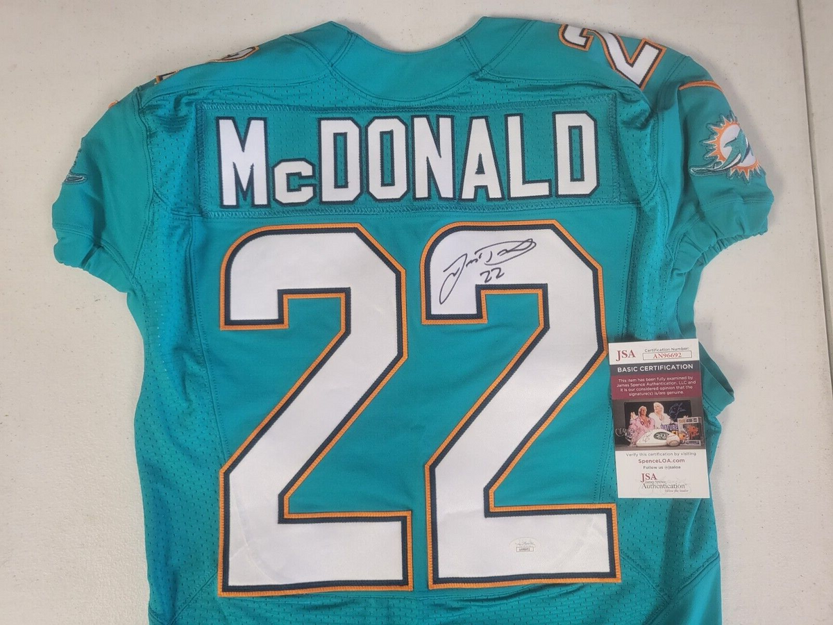 T.J. MCDONALD #22 MIA DOLPHINS SIGNED AUTO TEAM ISSUED 2014 ON FIELD JERSEY JSA