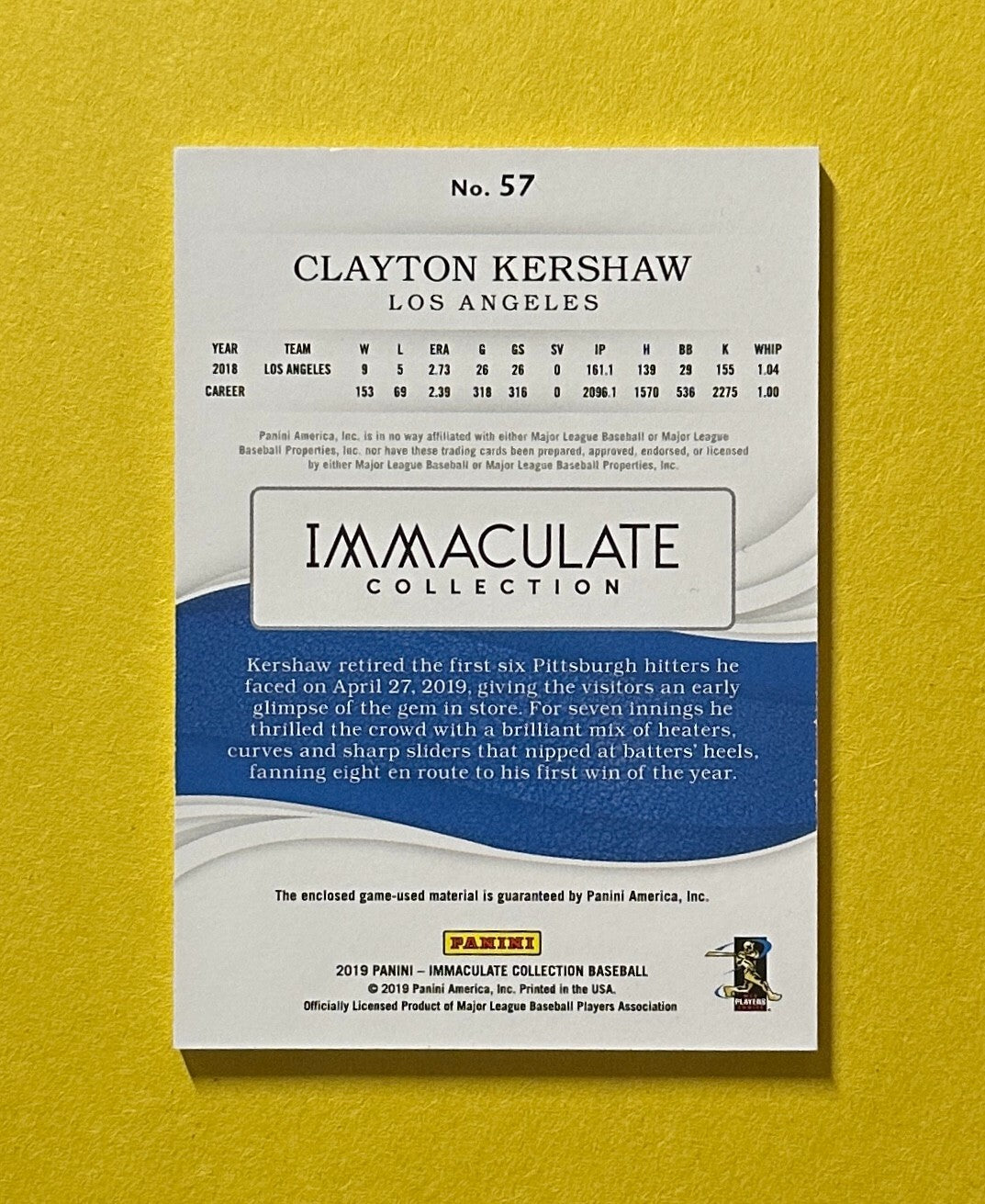 2019 PANINI IMMACULATE CLAYTON KERSHAW RELIC /49 #57 DODGERS