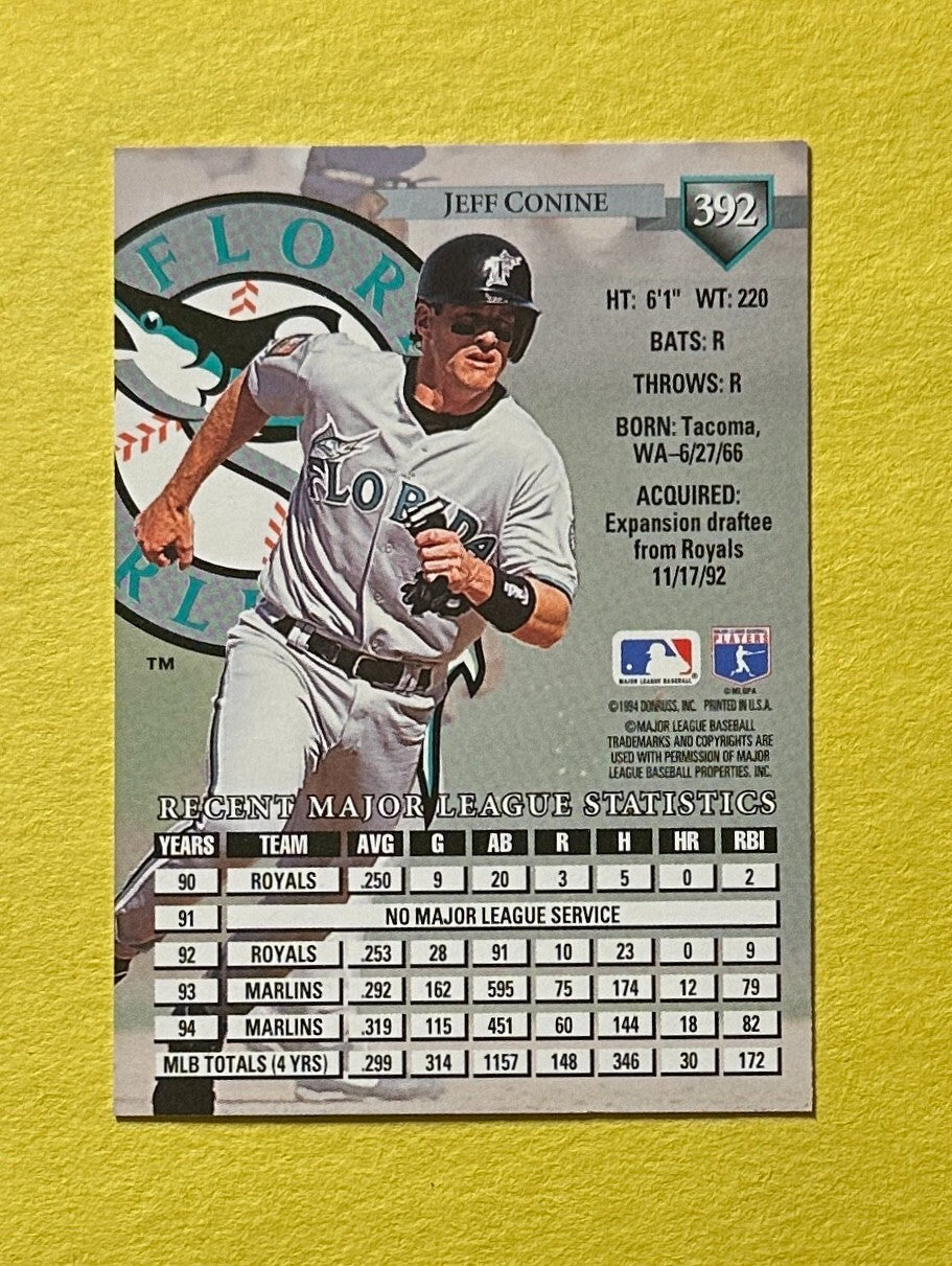 1995 DONRUSS JEFF CONINE SIGNED AUTOGRAPH CARD W/ COA #392 MARLINS