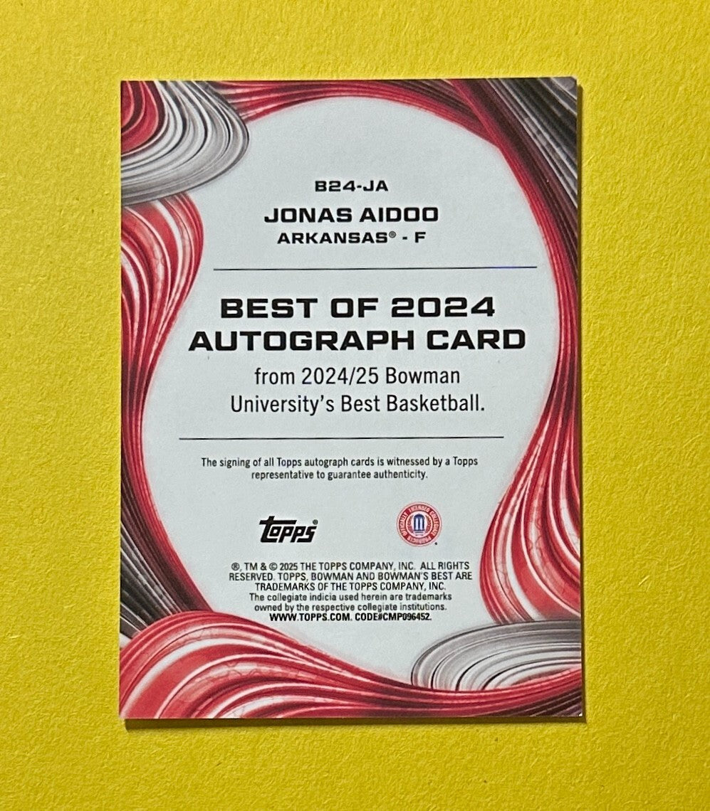 2024-25 BOWMAN'S BEST JONAS AIDOO AUTOGRAPH #B24-JA ARKANSAS