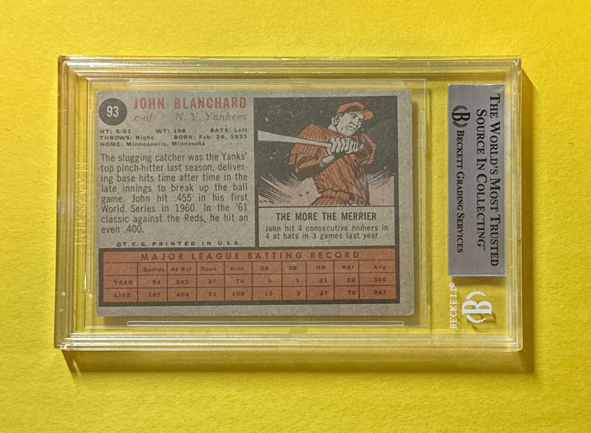 1962 TOPPS JOHN BLANCHARD #93 SIGNED AUTOGRAPHED CARD BECKETT AUTH 10 YANKEES
