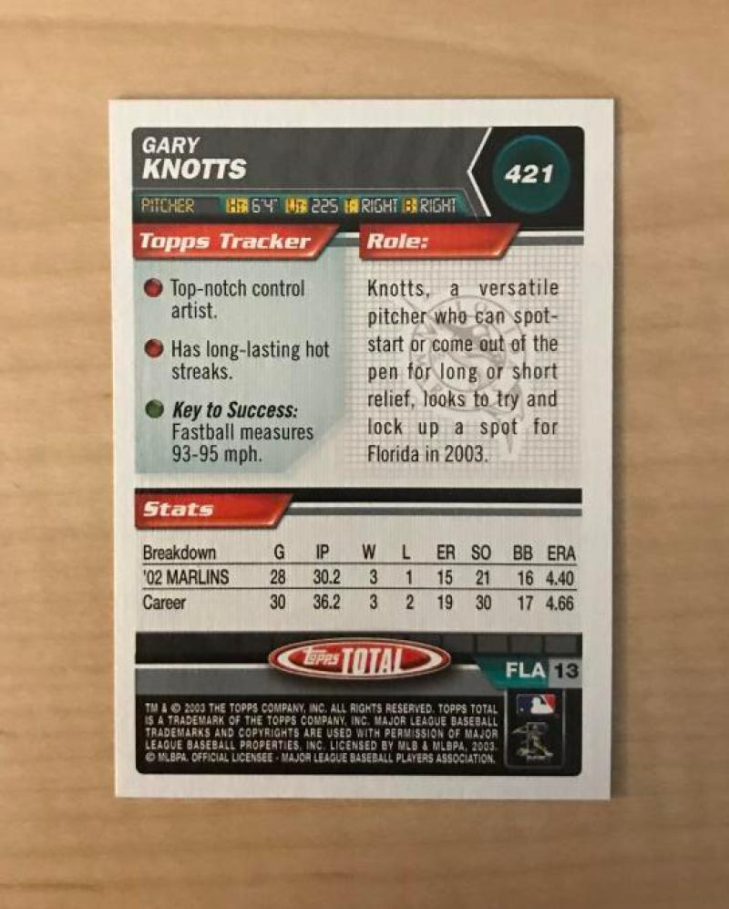 GARY KNOTTS FLORIDA MARLINS SIGNED AUTOGRAPHED 2003 TOPPS TOTAL CARD #421 W/COA