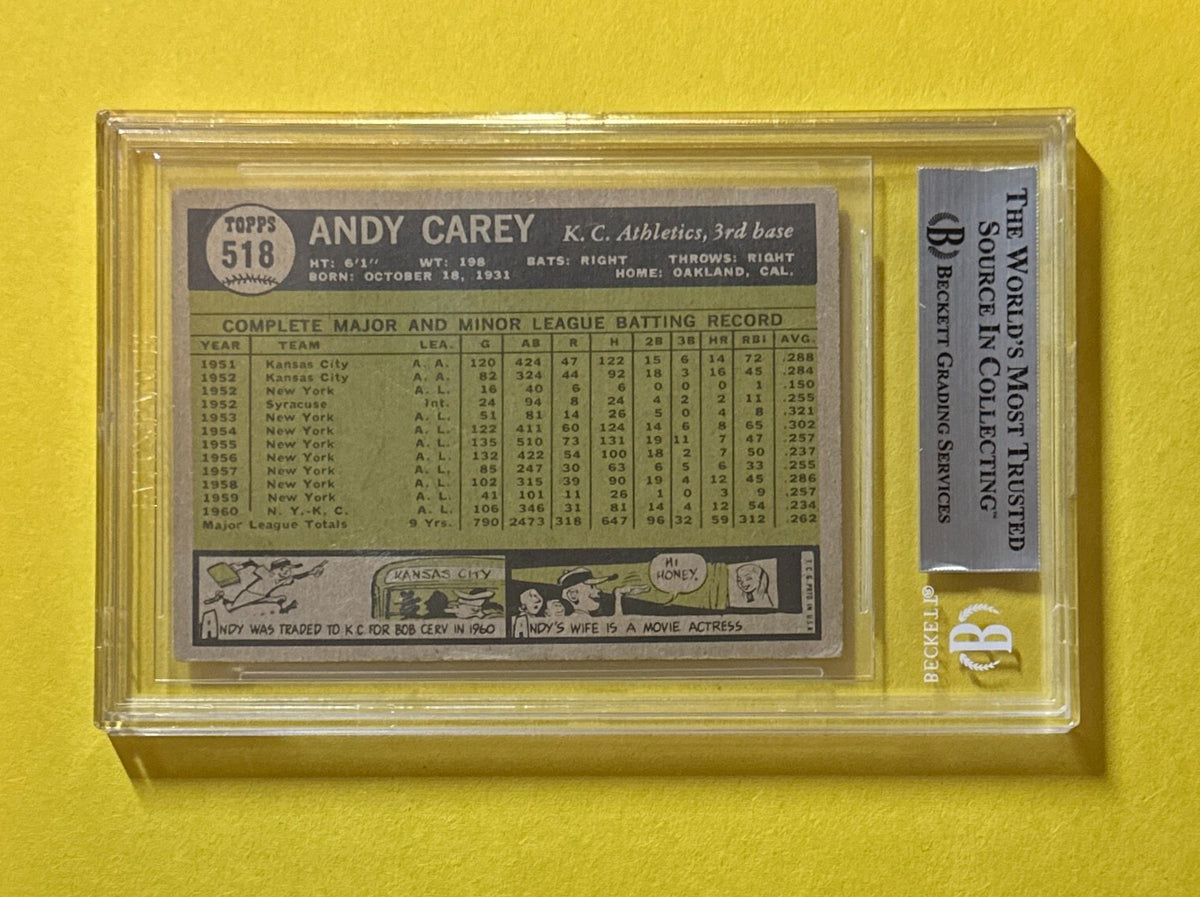 1961 TOPPS ANDY CAREY #518 BECKETT AUTHENTIC SIGNED AUTOGRAPHED CARD ATHLETICS