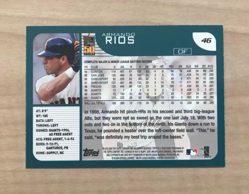ARMANDO RIOS SAN FRANCISCO GIANTS SIGNED AUTOGRAPHED 2001 TOPPS CARD #46 W/COA