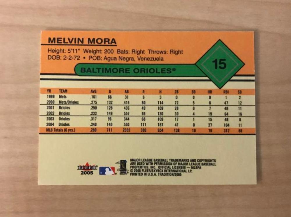 MELVIN MORA BALTIMORE ORIOLES SIGNED AUTOGRAPHED 2005 FLEER CARD #15 W/COA