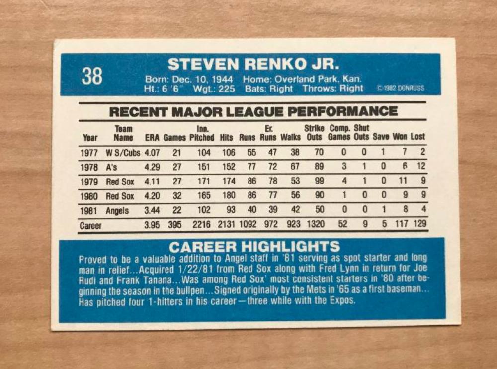 STEVE RENKO CALIFORNIA ANGELS SIGNED AUTOGRAPHED 1982 DONRUSS CARD #38 W/COA