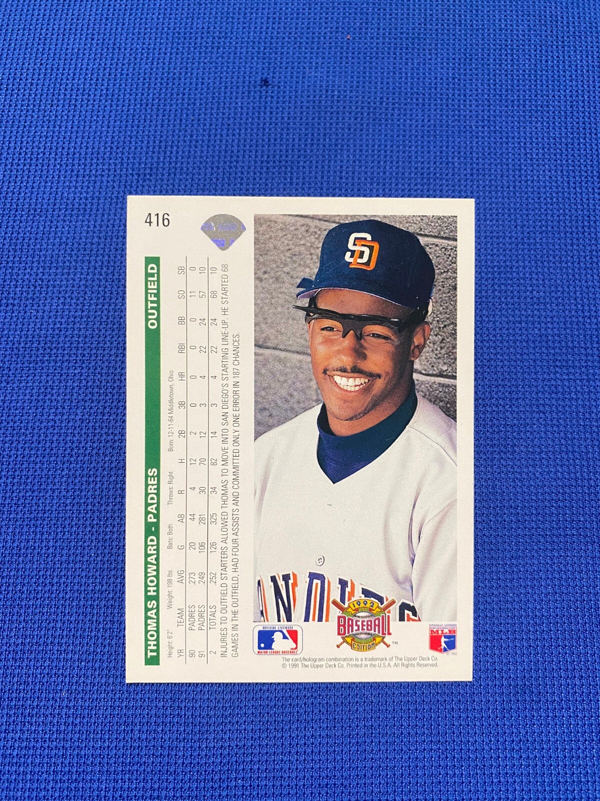 1992 UPPER DECK THOMAS HOWARD SAN DIEGO PADRES SIGNED AUTOGRAPH #416 CARD W/COA