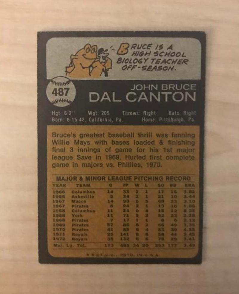BRUCE DAL CANTON KANSAS CITY ROYALS SIGNED VINTAGE 1973 TOPPS CARD #487 W/COA