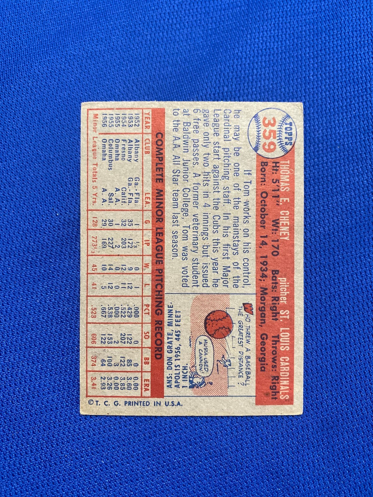 1957 TOPPS TOM CHENEY ST. LOUIS CARDINALS #359 CARD VINTAGE SET-BREAK