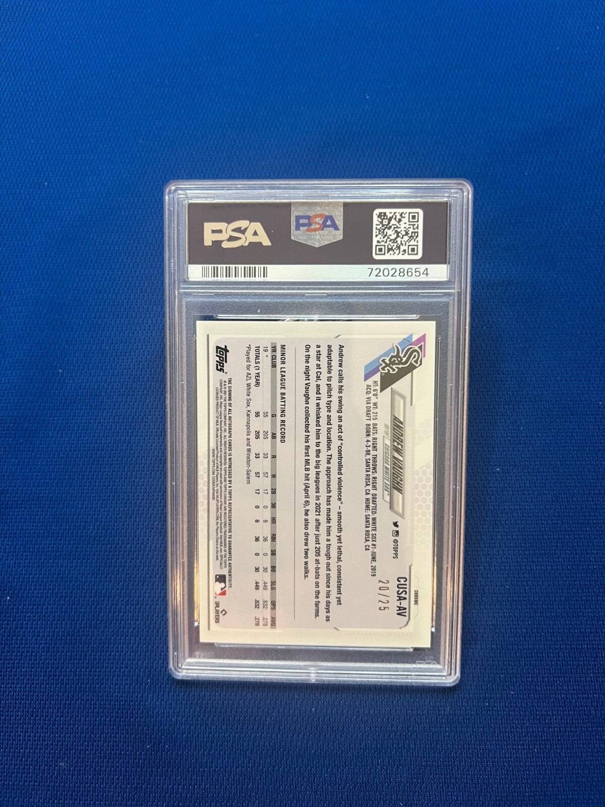 2021 TOPPS CHROME UPDATE ANDREW VAUGHN WHITE SOX AUTO ORANGE RC REF /25 PSA 9