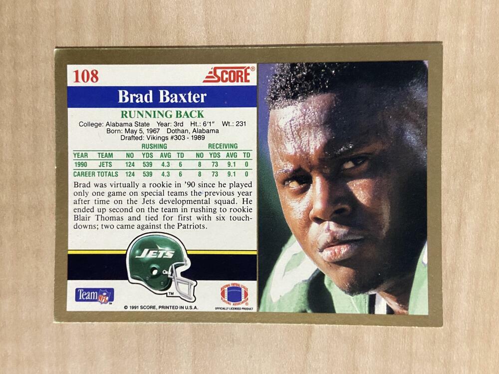 BRAD BAXTER NEW YORK JETS SIGNED AUTOGRAPHED 1991 SCORE CARD #108 W/COA