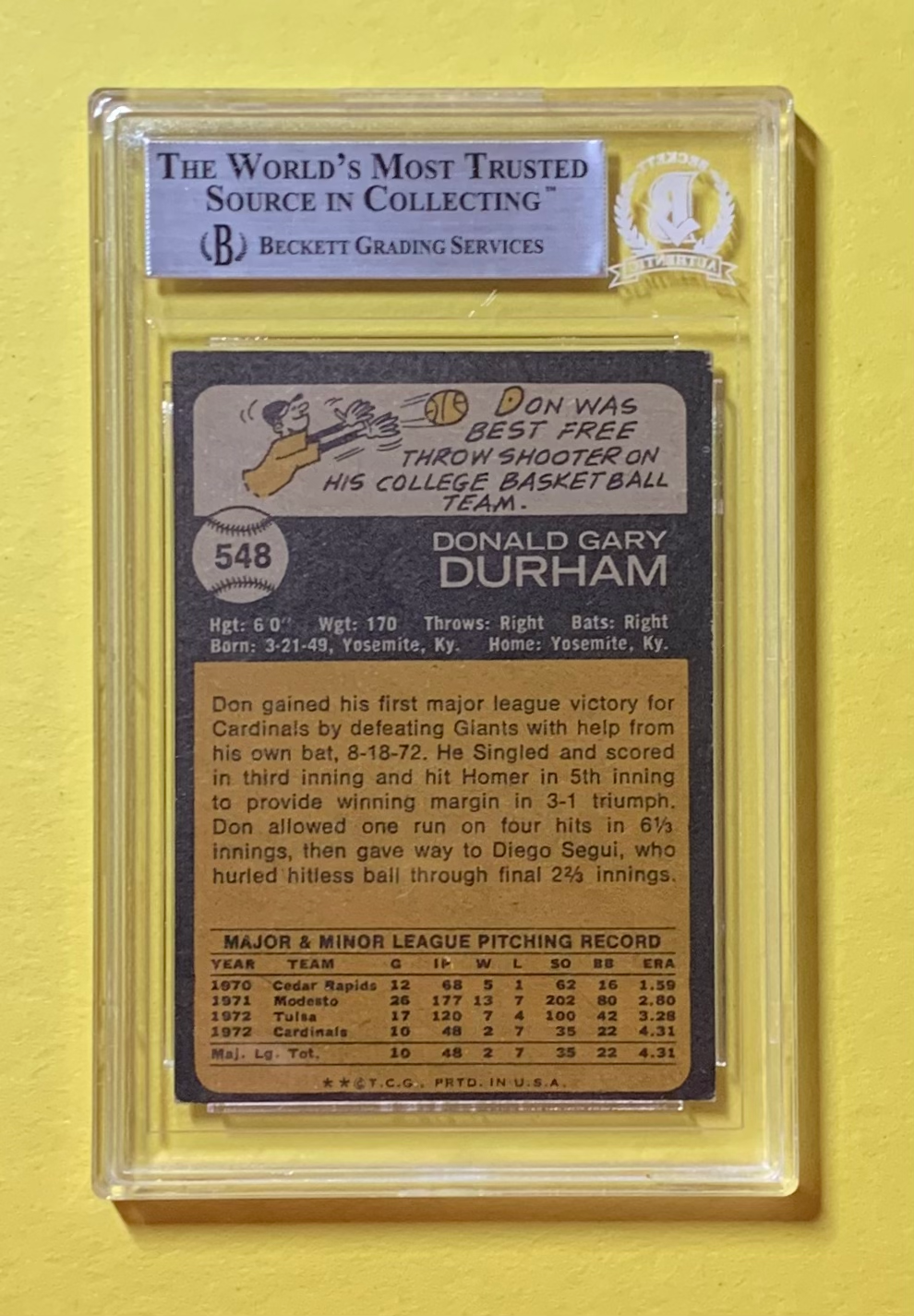 1973 TOPPS DON DURHAM #548 SIGNED CARD BECKETT AUTHENTIC AUTO CARDINALS