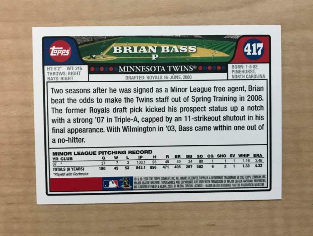 BRIAN BASS MINNESOTA TWINS SIGNED AUTOGRAPHED 2008 TOPPS CARD #417 W/COA