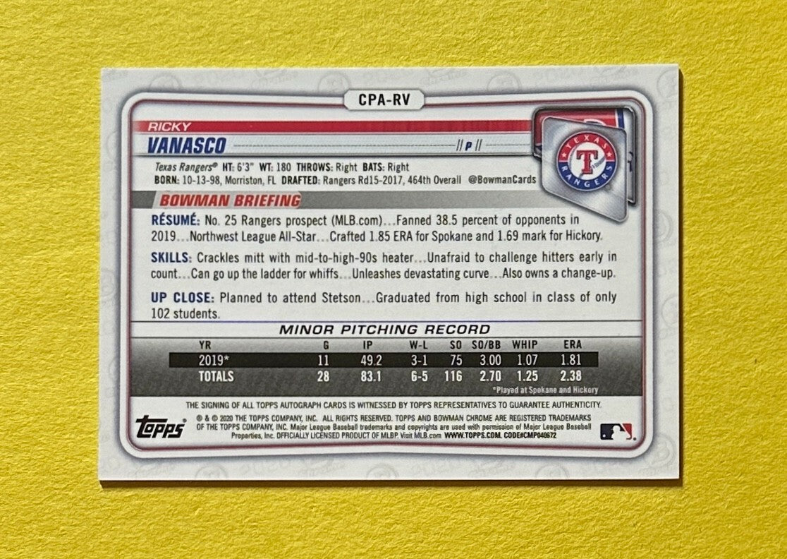 2020 BOWMAN CHROME RICKY VANASCO BASE AUTO #CPA-RV RANGERS 1ST BOWMAN
