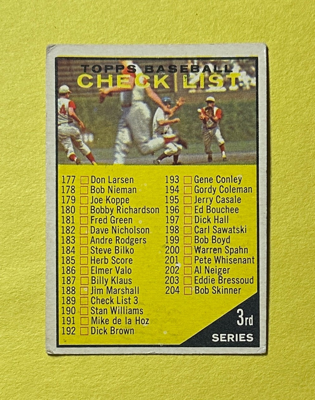 1961 TOPPS CHECKLIST 3RD SERIES #189