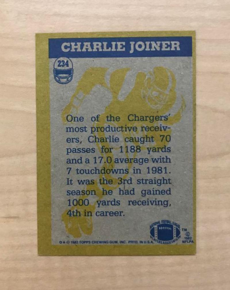 CHARLIE JOINER SAN DIEGO CHARGERS SIGNED AUTOGRAPHED 1982 TOPPS CARD #234 W/COA