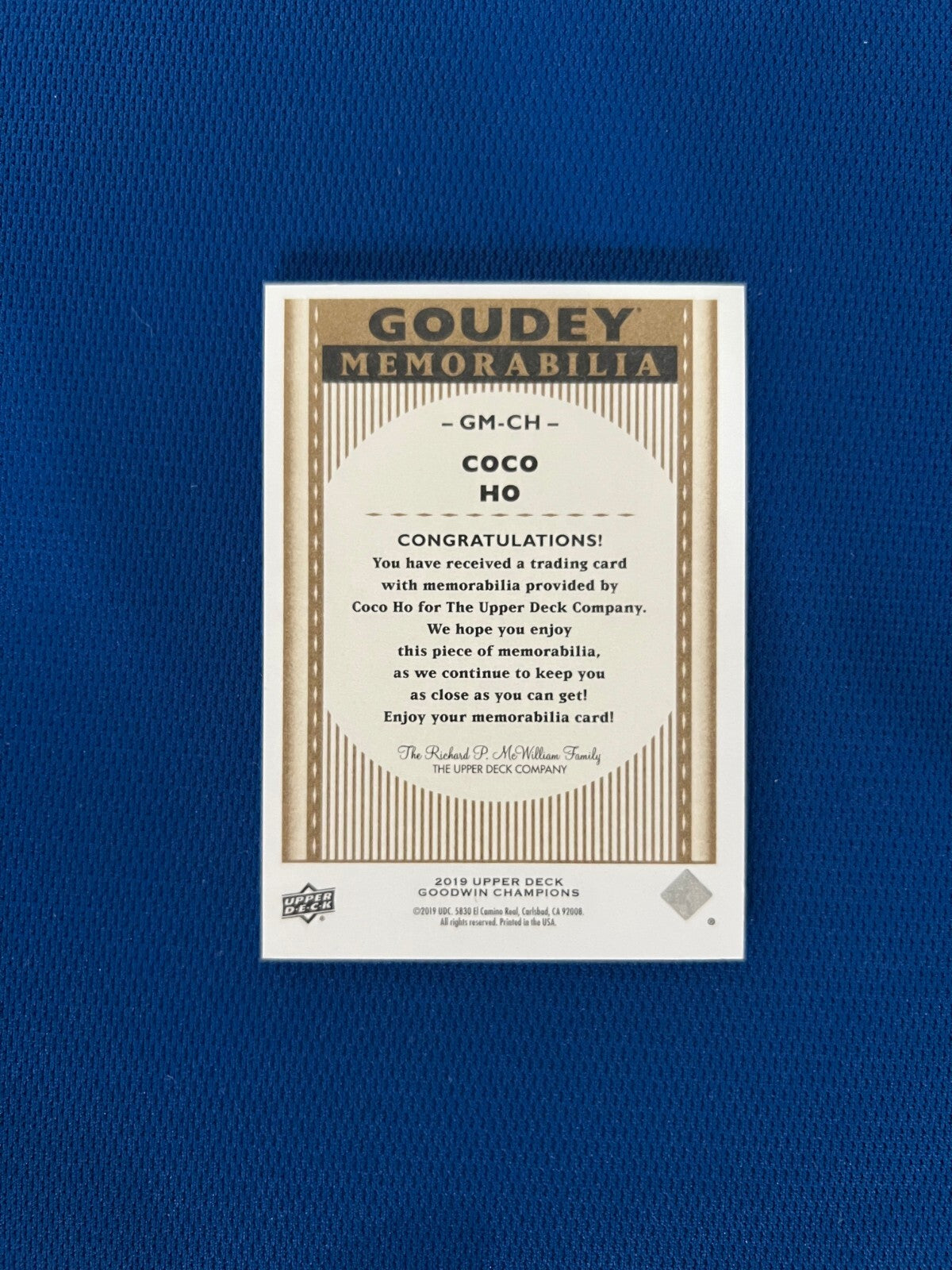 2019 UPPER DECK GOODWIN COCO HO SURFING MEMORABILIA CARD /50 #GM-CH
