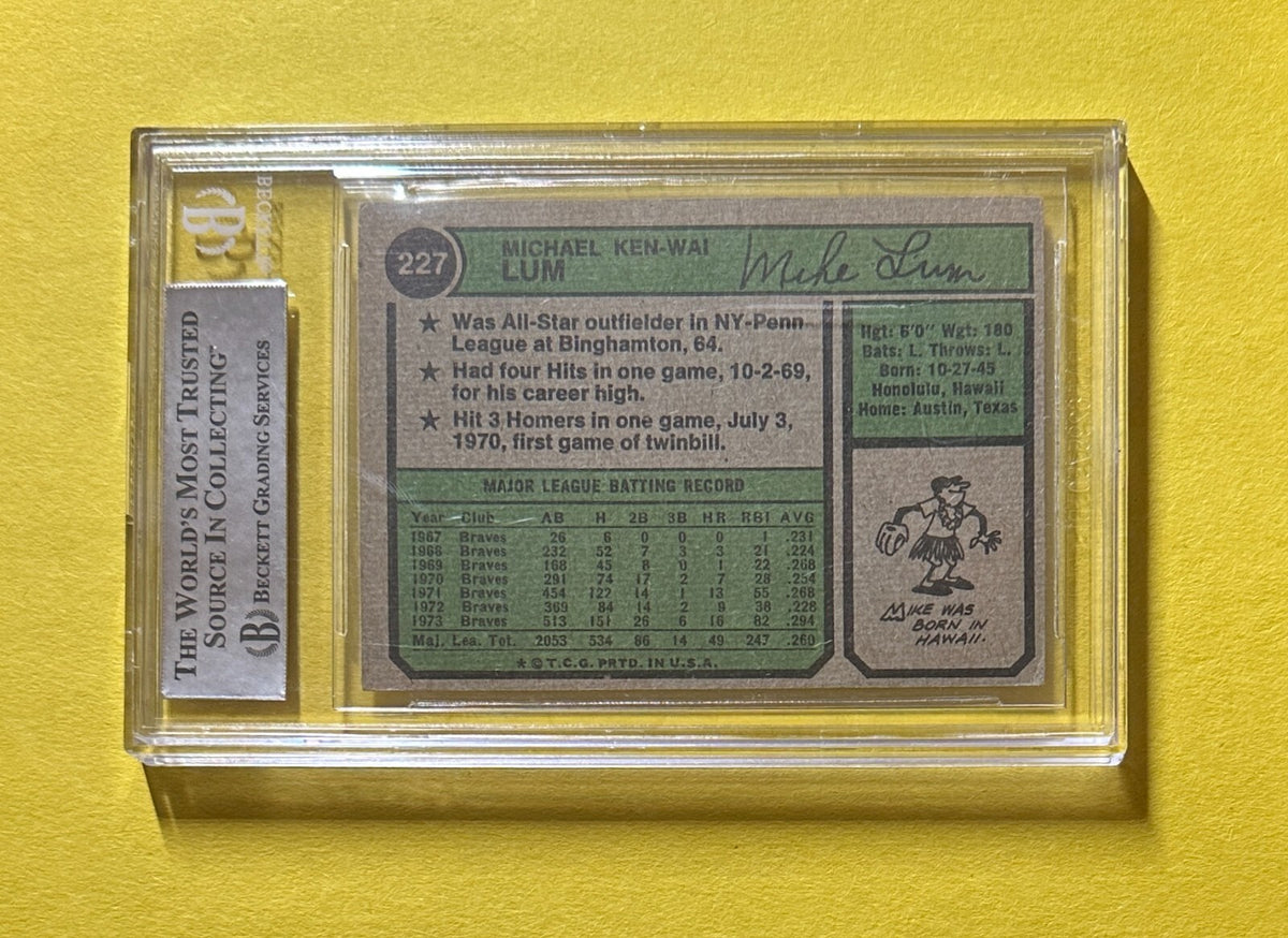 1974 TOPPS MIKE LUM #227 AUTHENTIC AUTO BECKETT CERTIFIED BRAVES