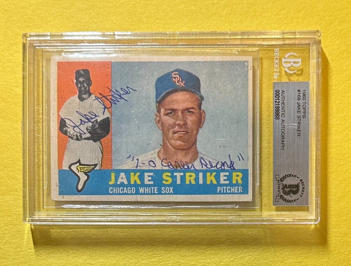 1960 TOPPS JAKE STRIKER #169 AUTHENTIC AUTO BECKETT CERT INSCRIBED "1-0...."