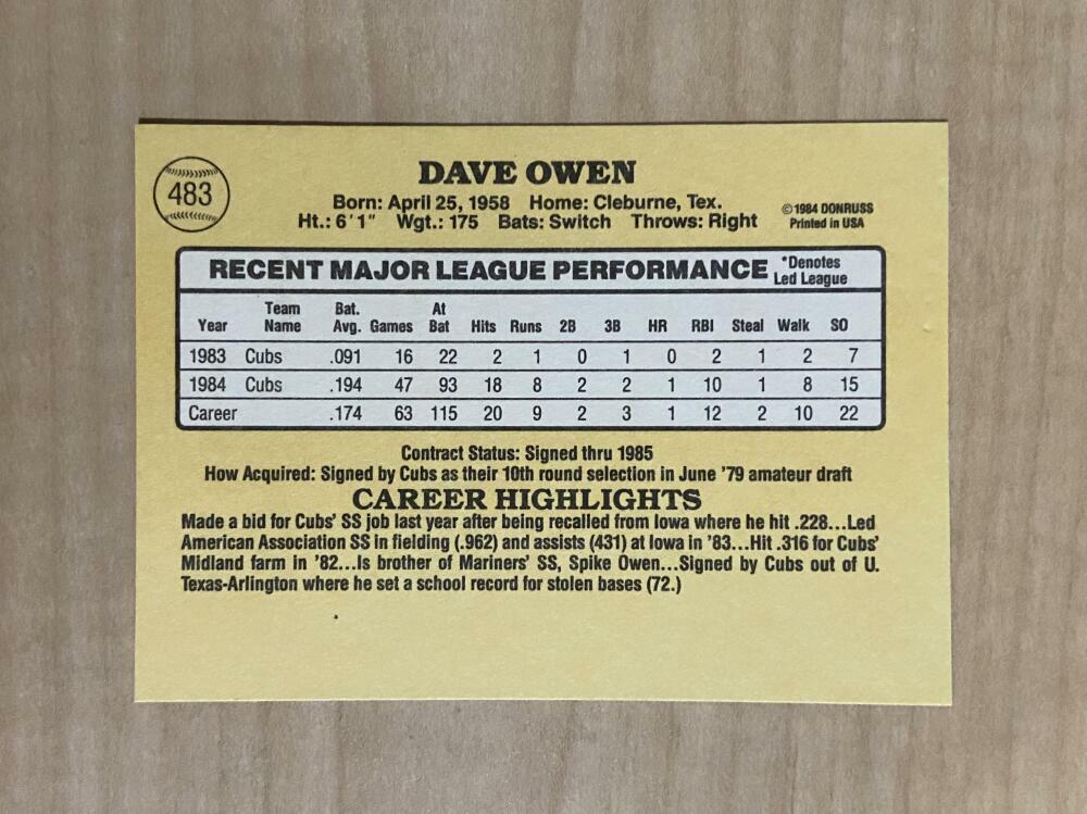 DAVE OWEN CHICAGO CUBS SIGNED AUTOGRAPHED 1985 DONRUSS CARD #483 W/COA
