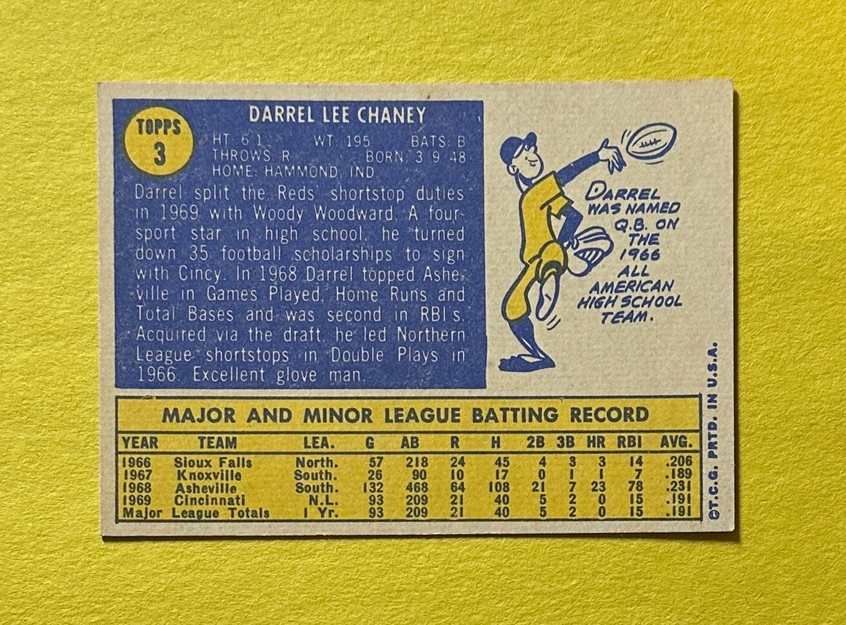1970 TOPPS DARREL CHANEY SIGNED AUTOGRAPH CARD W/ COA #3 REDS