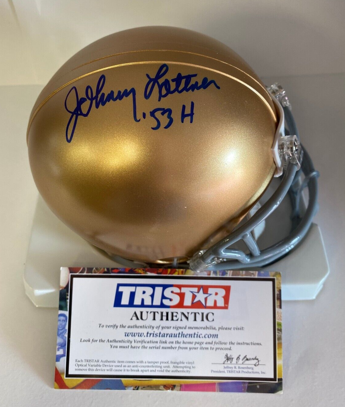 JOHNNY LATTNER NOTRE DAME 53 HEISMAN SIGNED AUTOGRAPH MINI HELMET TRISTAR COA *