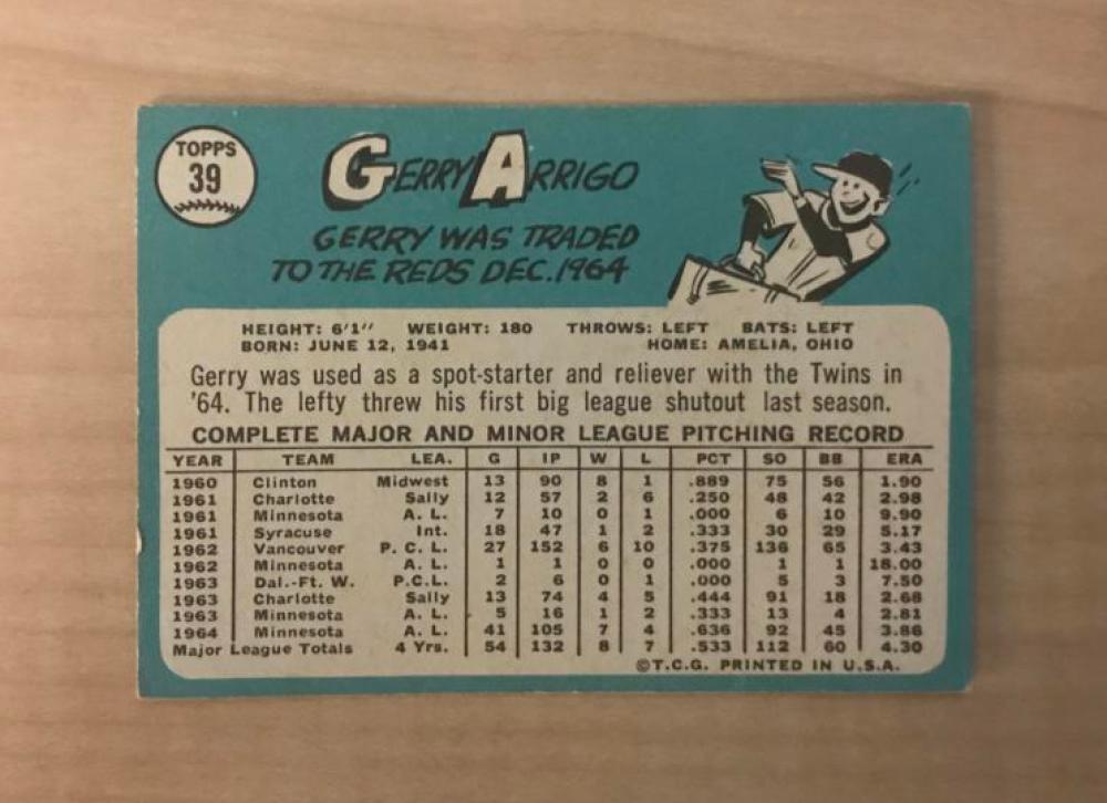 GERRY ARRIGO MINNESOTA TWINS SIGNED VINTAGE DECEASED 1965 TOPPS CARD #39 W/COA