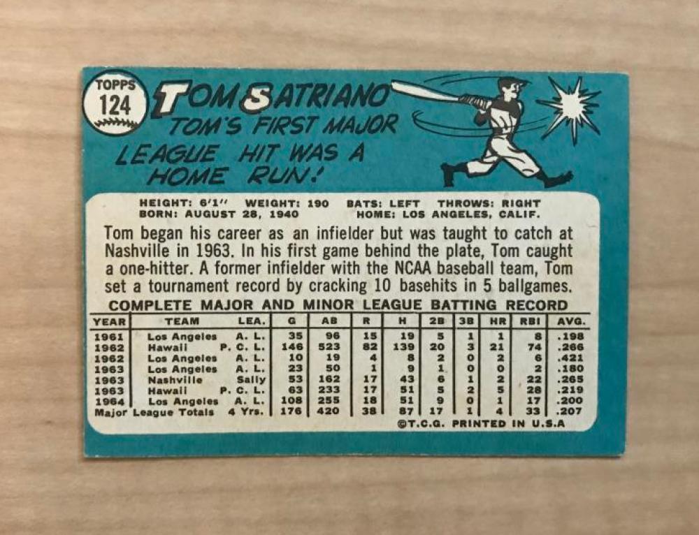 TOM SATRIANO LOS ANGELES ANGELS SIGNED VINTAGE 1965 TOPPS CARD #124 W/COA