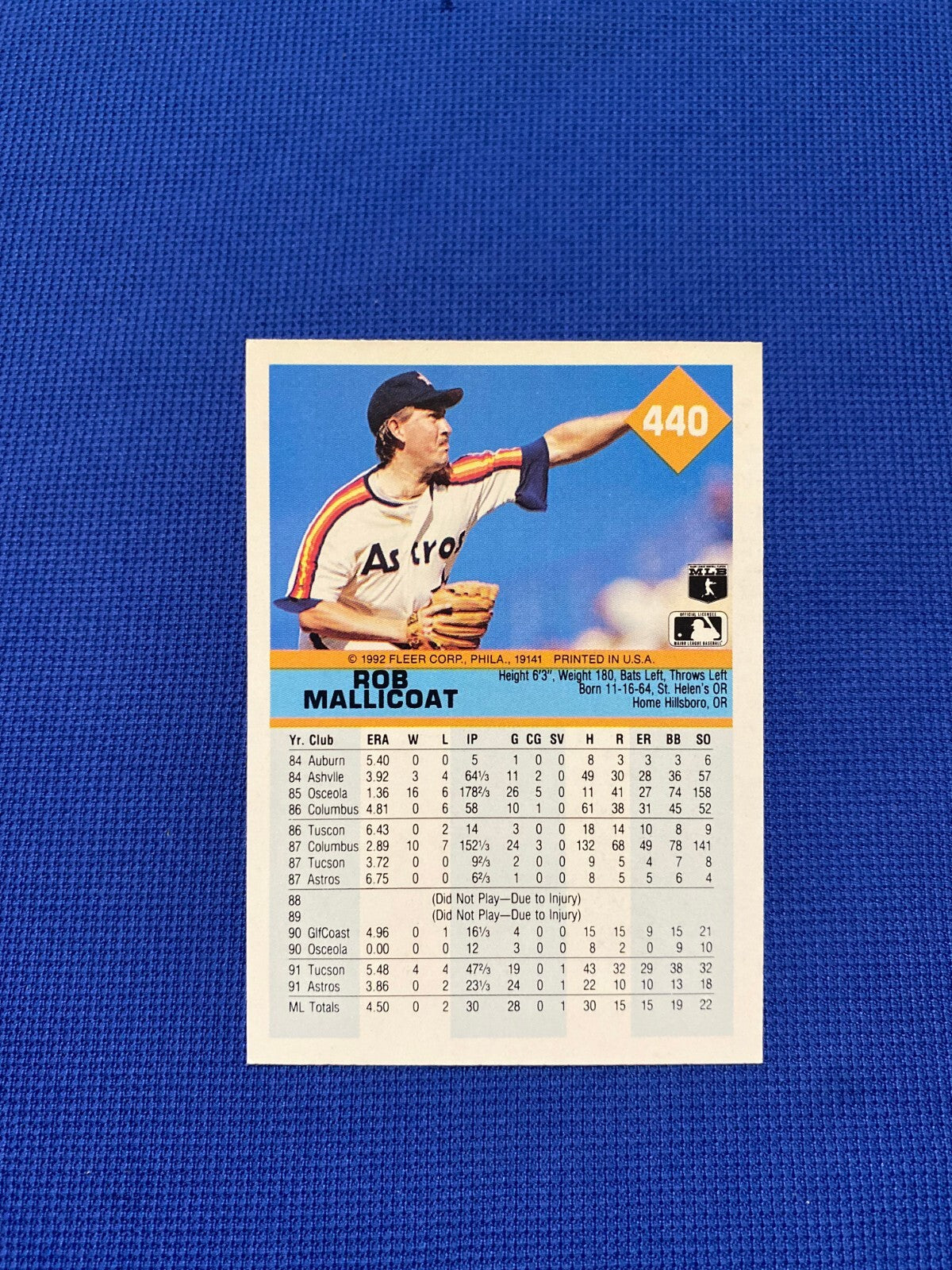 1992 FLEER ROB MALLICOAT HOUSTON ASTROS SIGNED AUTOGRAPHED #440 CARD W/COA