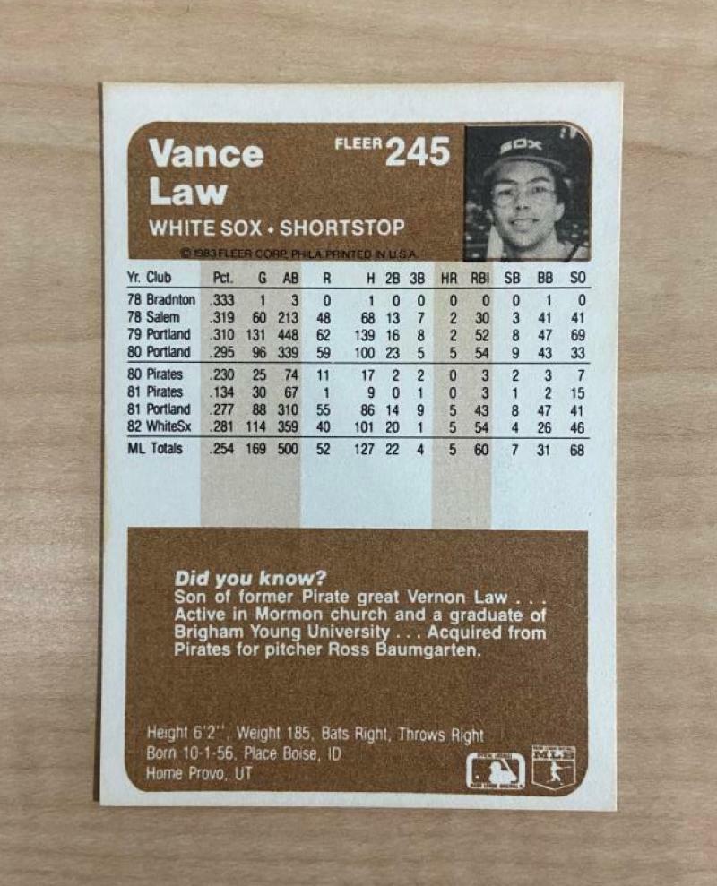 VANCE LAW CHICAGO WHITE SOX SIGNED AUTOGRAPHED 1983 FLEER CARD #245 W/COA
